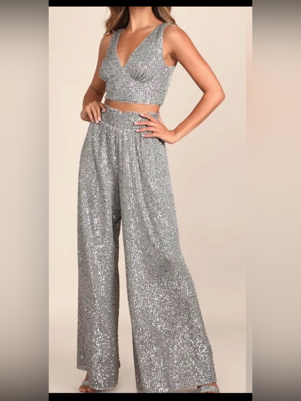 Lulu's Silver Sequin Wide Leg Pants